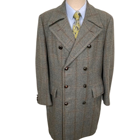 Barron-Anderson s 70s Overcoat Mens 44R Gray Plaid Double Breasted Coat Tailored
